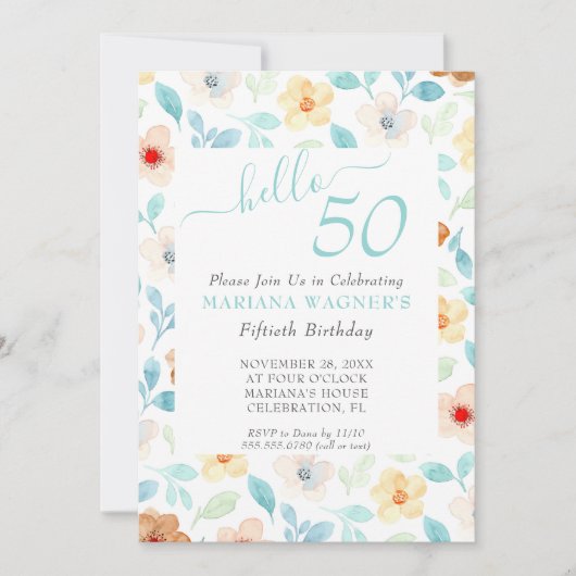 Geel Teal Bloemige Elegante Script 50ste Verjaarda Kaart (Voorkant)