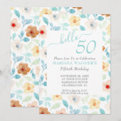 Geel Teal Bloemige Elegante Script 50ste Verjaarda Kaart (Voorkant / Achterkant)