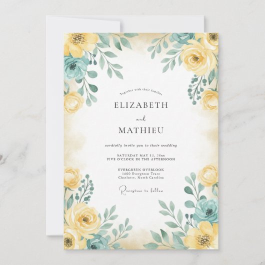 Geel Teal Rose Bruiloft Kaart (Voorkant)