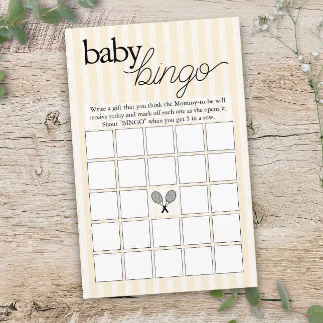 Geel Tennis Preppy Chic Bingo Baby shower Spel (yellow tennis theme blank baby shower bingo game sheet)