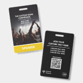 Geel toegangsbewijs QR-code spreker conferentie Badge (Voor- en achterkant)
