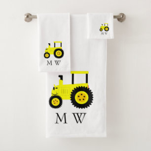 Geel tractor ontwerp met monogram bad handdoek
