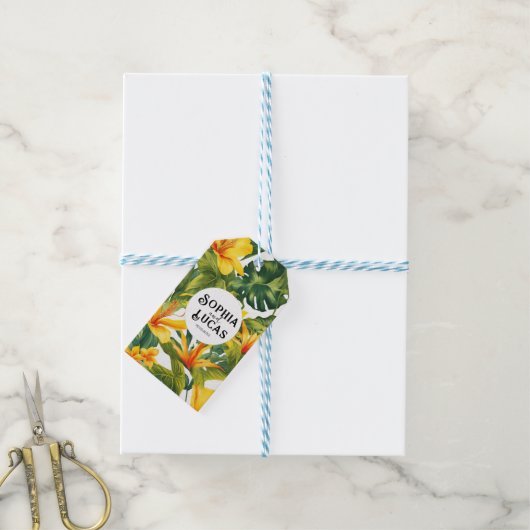 Geel Tropisch Bloemen Huwelijk Cadeaulabel (Met Touw)