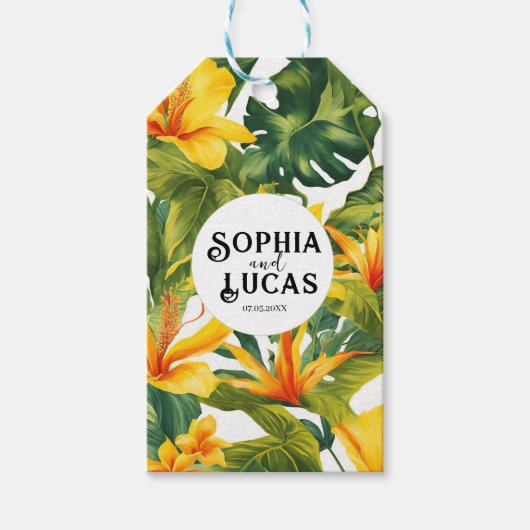 Geel Tropisch Bloemen Huwelijk Cadeaulabel (Voorkant)