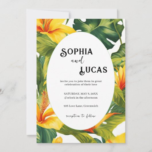 Geel Tropisch Bloemen Huwelijk Kaart (Voorkant)