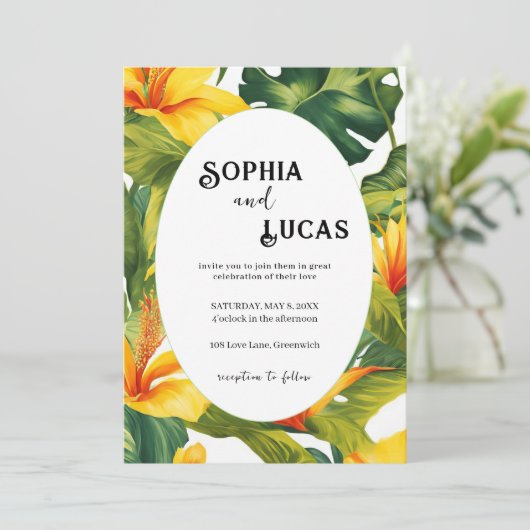 Geel Tropisch Bloemen Huwelijk Kaart (Staand voorkant)