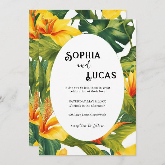Geel Tropisch Bloemen Huwelijk Kaart (Voorkant / Achterkant)