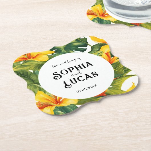 Geel Tropisch Bloemen Huwelijk Kartonnen Onderzetters (Gekanteld)