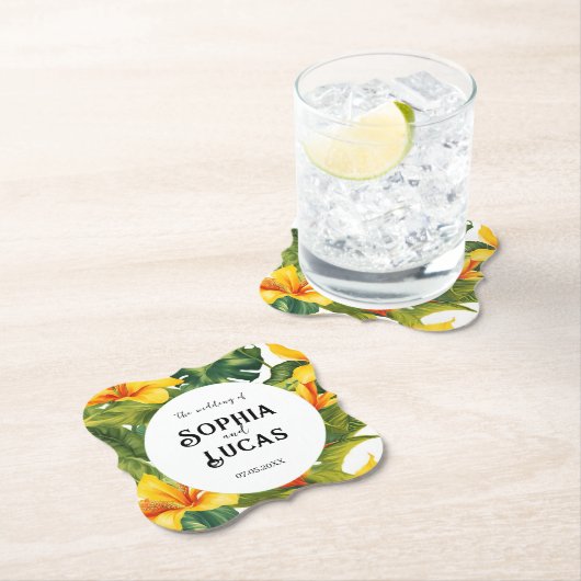 Geel Tropisch Bloemen Huwelijk Kartonnen Onderzetters (Insitu)