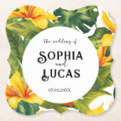 Geel Tropisch Bloemen Huwelijk Kartonnen Onderzetters (Voorkant)