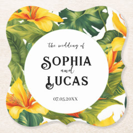 Geel Tropisch Bloemen Huwelijk Kartonnen Onderzetters