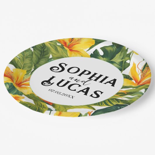 Geel Tropisch Bloemen Huwelijk Papieren Bordje (Gekanteld)