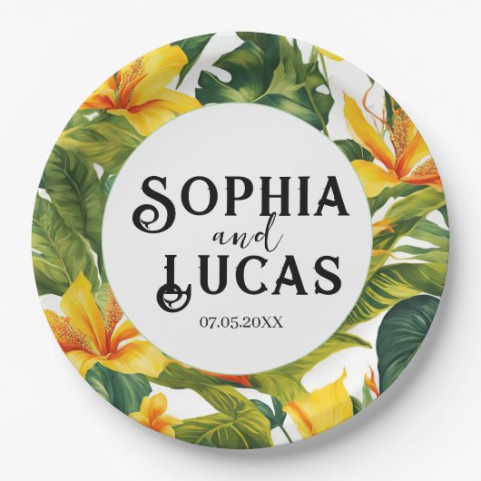 Geel Tropisch Bloemen Huwelijk Papieren Bordje (Voorkant)