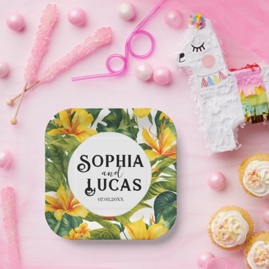 Geel Tropisch Bloemen Huwelijk Papieren Bordje (Feest)