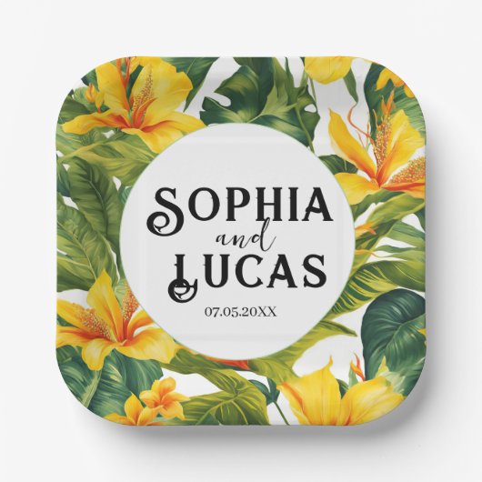 Geel Tropisch Bloemen Huwelijk Papieren Bordje (Voorkant)