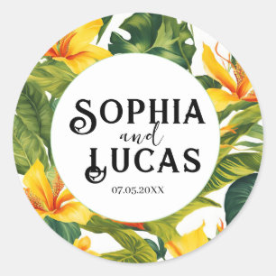 Geel Tropisch Bloemen Huwelijk Ronde Sticker