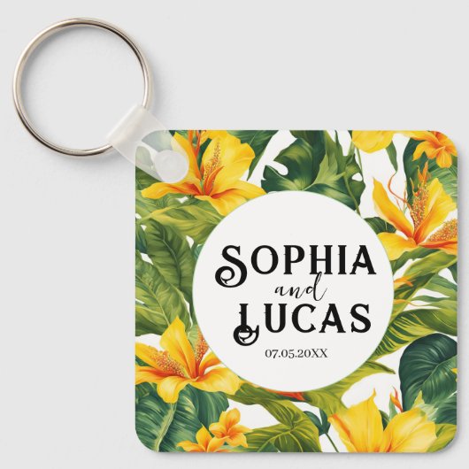 Geel Tropisch Bloemen Huwelijk Sleutelhanger (Voorkant)
