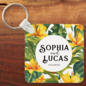 Geel Tropisch Bloemen Huwelijk Sleutelhanger (Voorkant)
