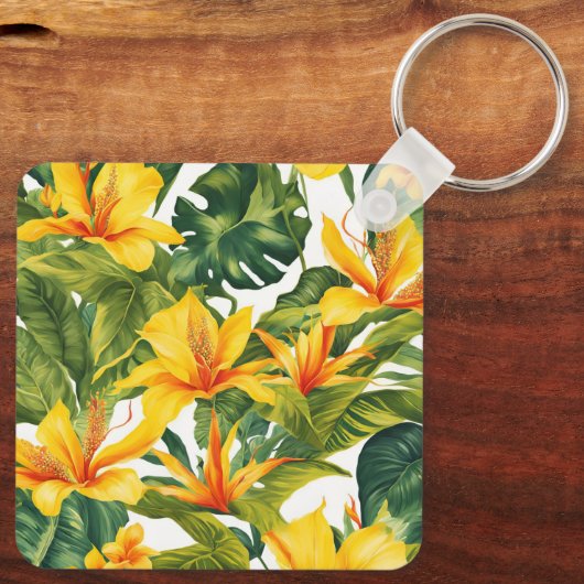 Geel Tropisch Bloemen Huwelijk Sleutelhanger (Achterkant)
