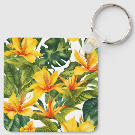 Geel Tropisch Bloemen Huwelijk Sleutelhanger (Achterkant)