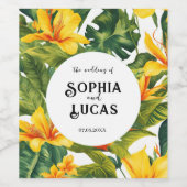 Geel Tropisch Bloemen Huwelijk Wijn Etiket (Enkel label)