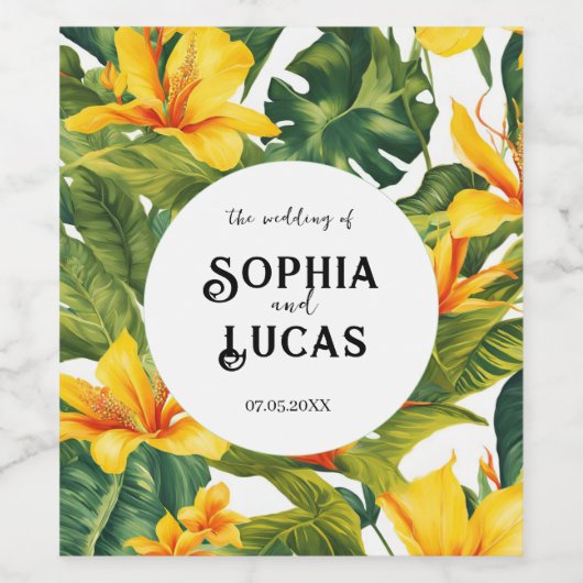 Geel Tropisch Bloemen Huwelijk Wijn Etiket (Enkel label)