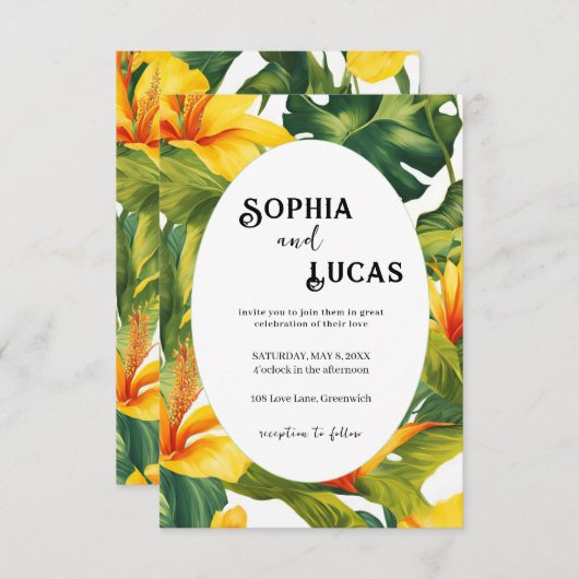 Geel Tropisch Bloemig Trouw Uitnodiging Informatiekaartje (Voorkant / Achterkant)