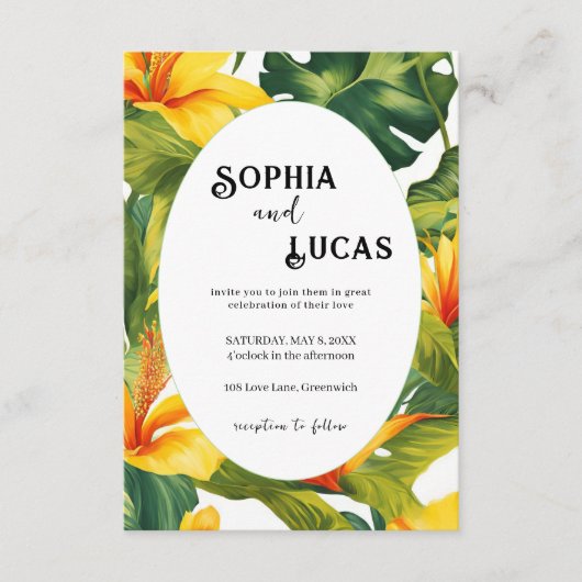 Geel Tropisch Bloemig Trouw Uitnodiging Informatiekaartje (Voorkant)