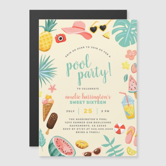 Geel | Tropische pool Watermeloen ananas Magnetische Uitnodiging (Voorkant / Achterkant)