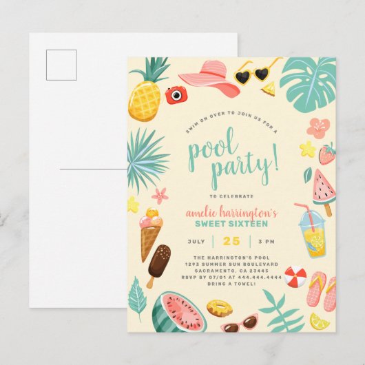 Geel | Tropische pool Watermeloen ananas Uitnodiging Briefkaart (Voorkant / Achterkant)