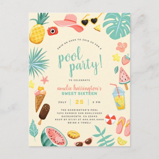 Geel | Tropische pool Watermeloen ananas Uitnodiging Briefkaart (Voorkant)