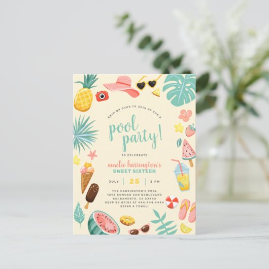 Geel | Tropische pool Watermeloen ananas Uitnodiging Briefkaart (Staand voorkant)