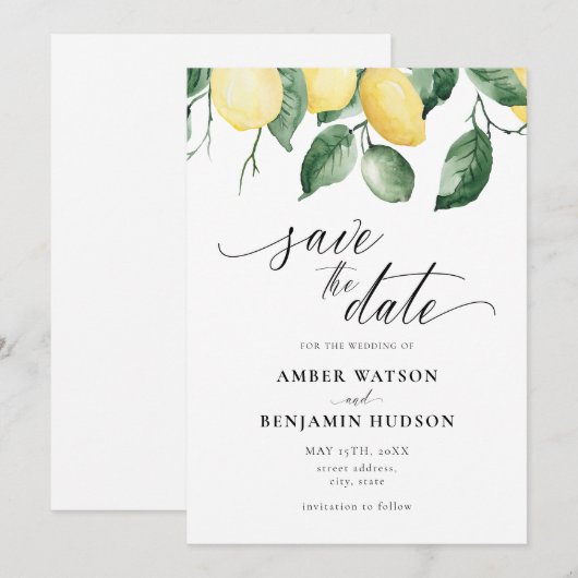 Geel Tuin Zomer Citroenen Bewaar De Datum Kaart (Voorkant / Achterkant)