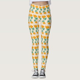 Geel tulp bloempatroon op crème leggings