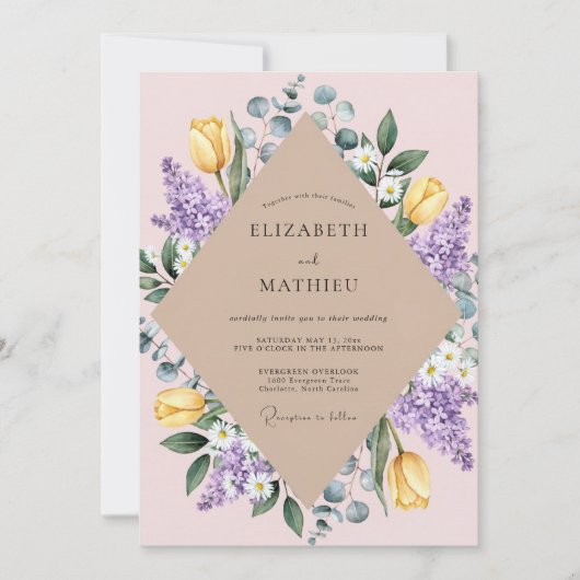 Geel Tulp Sering Eucalyptus Bruiloft Kaart (Voorkant)