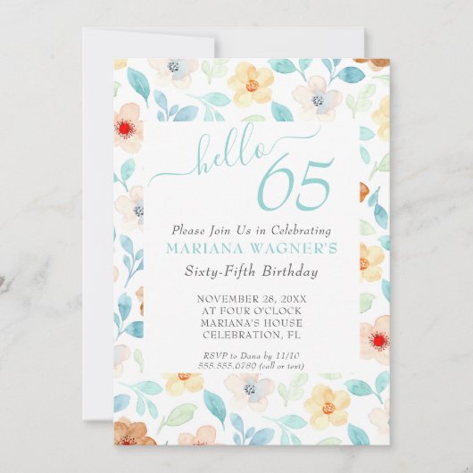 Geel Turquoise Bloemige Elegante Script 65e Verjaa Kaart (Voorkant)