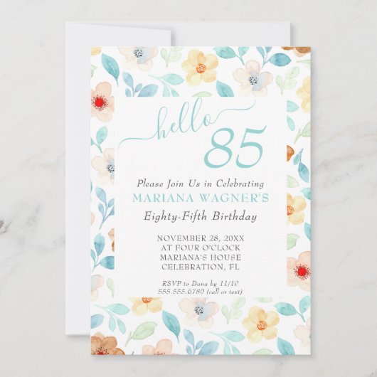 Geel Turquoise Bloemige Elegante Script 85e Verjaa Kaart (Voorkant)