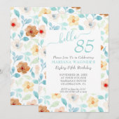 Geel Turquoise Bloemige Elegante Script 85e Verjaa Kaart (Voorkant / Achterkant)
