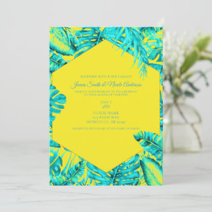 Geel & Turquoise Tropisch Palmbladeren Bruiloft In Kaart