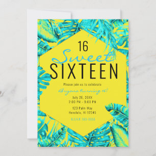 Geel & Turquoise Tropische Palmbladeren Sweet 16 Kaart