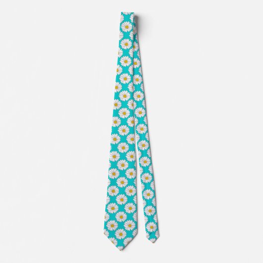 Geel Turquoise White Daisy Pattern Stropdas (Voorkant)