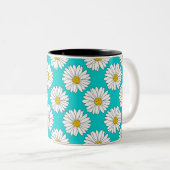 Geel Turquoise White Daisy Pattern Tweekleurige Koffiemok (Voorkant rechts)