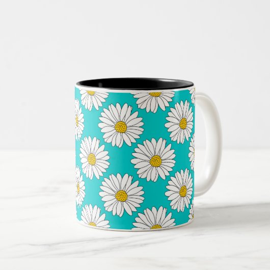 Geel Turquoise White Daisy Pattern Tweekleurige Koffiemok (Voorkant rechts)