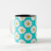 Geel Turquoise White Daisy Pattern Tweekleurige Koffiemok (Voorkant links)