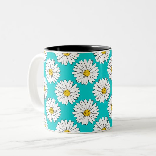 Geel Turquoise White Daisy Pattern Tweekleurige Koffiemok (Voorkant links)