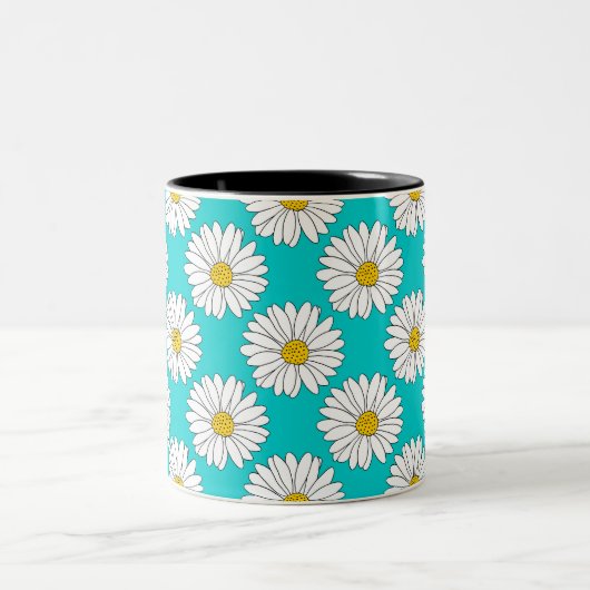 Geel Turquoise White Daisy Pattern Tweekleurige Koffiemok (Center)