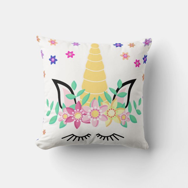 Geel Unicorn Flower Print Sierkussen (Voorkant)