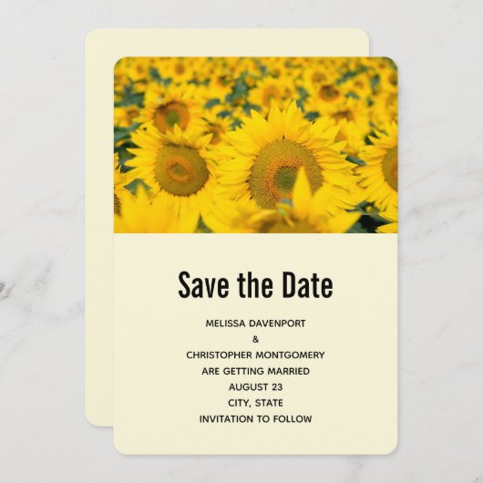 Geel veld van het zonnebloemen bruiloft save the date (Voorkant / Achterkant)