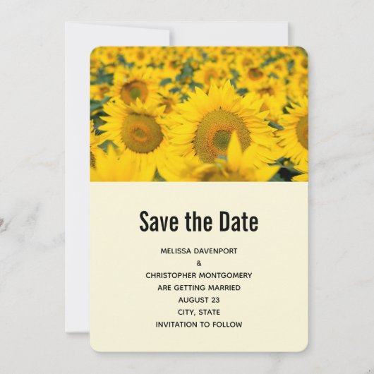 Geel veld van het zonnebloemen bruiloft save the date (Voorkant)