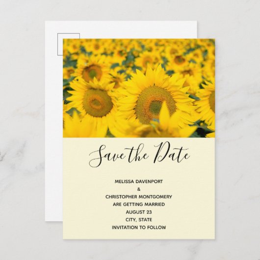 Geel veld van het zonnebloemen bruiloft uitnodiging briefkaart (Voorkant / Achterkant)